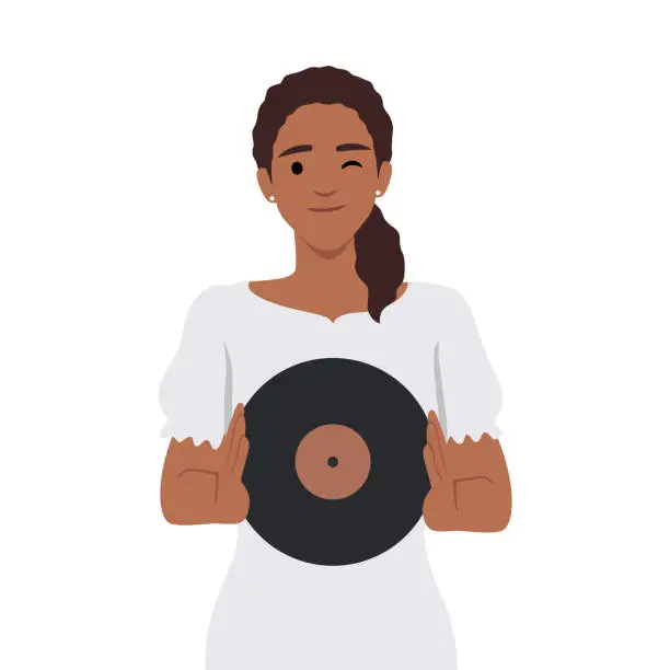 Vector illustration of Woman holding vinyl record standing in music store near counter for collectors of retro records.