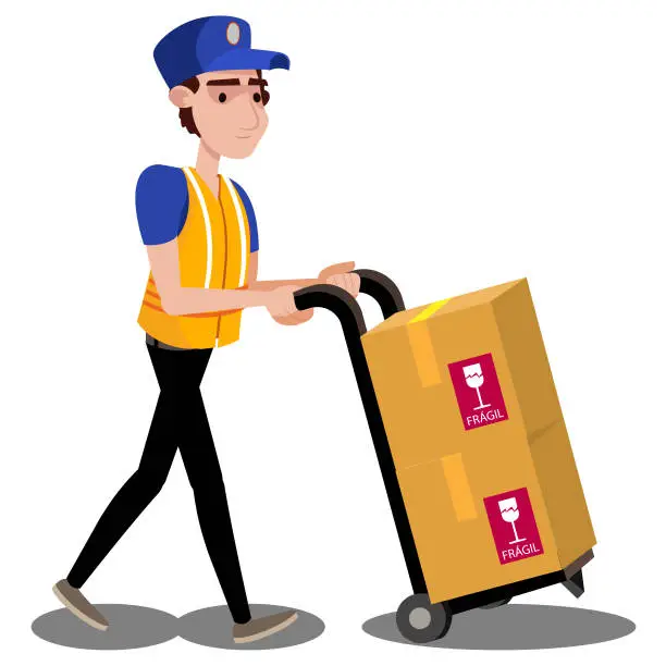 Vector illustration of Logistic worker caring a forklift loaded with boxes - Good for motion graphics. Character parts separated in layers for animation and movements.