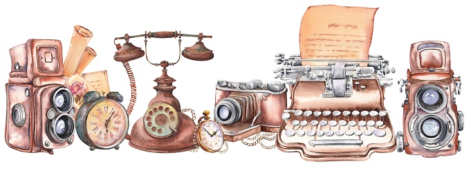 Vintage typewriter, cameras and telephone and pocket watch. Watercolor illustration. Panoramic horizontal border.