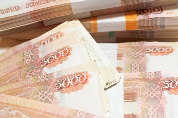 Russian money, five thousand bills close-up, business concept. Selective focus, blur.
