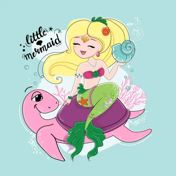 Vector illustration of Cute cartoon illustration with beautiful mermaid, turtle and lettering little mermaid on a white background. T-shirt art, pajamas print