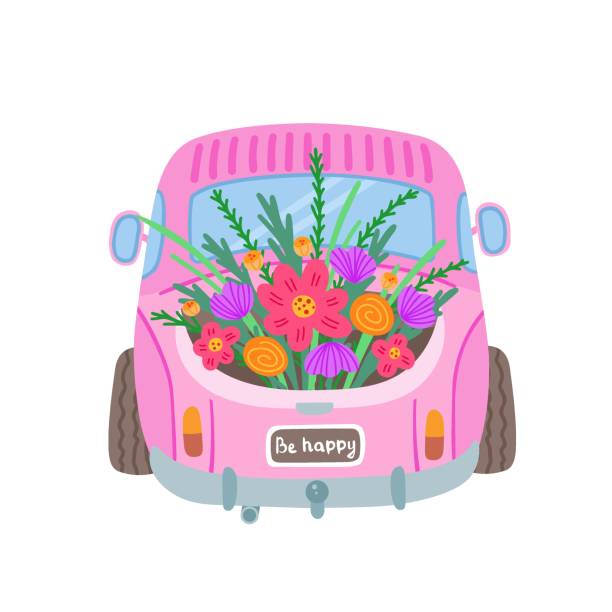 istock pink pickup truck with flowers 2112165396