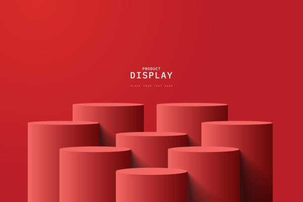 istock Empty red room with set of eight steps 3D cylinder podium pedestal or product display stand. 3D vector geometric platform design. Minimal wall scene for mockup. stage for product presentation. 2112166735