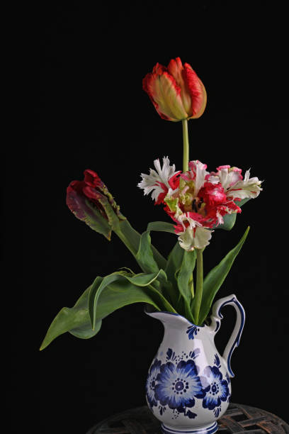 istock Parrot tulips in vase on a black table, creating a striking contrast 2112169568