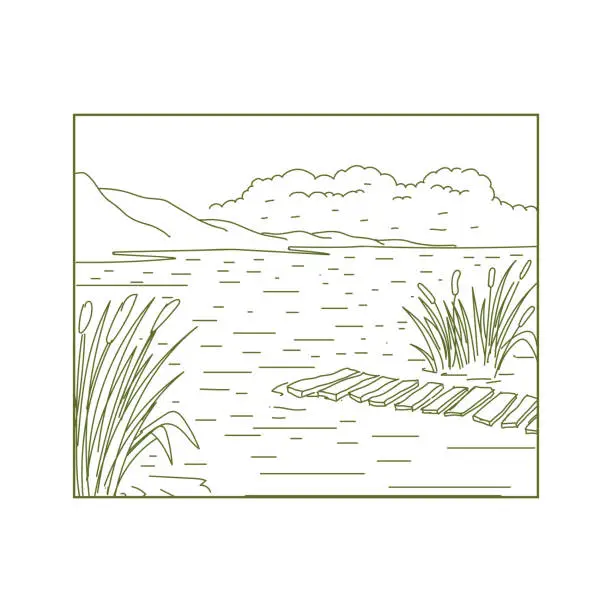 Vector illustration of Hipster Sky and Mountain Hill with Lake River Creek Swamp Landscape View Line Outline Style Illustration
