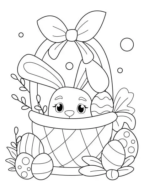 Vector illustration of Coloring Page, outline Of cartoon bunny in the  basket with easter eggs. Line art for Easter.