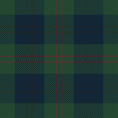 Dark green, blue and red Scottish tartan plaid pattern, fabric swatch close-up.