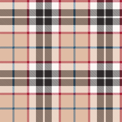 Beige, red and blue Scottish tartan plaid pattern, fabric swatch close-up.