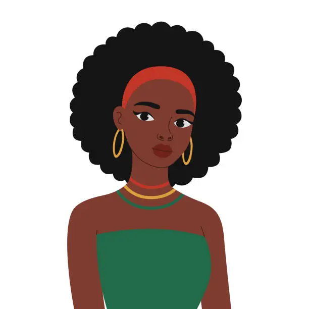 Vector illustration of African american beautiful woman portrait. Black girl in ethnic jewelry. Vector flat illustration isolated on white background