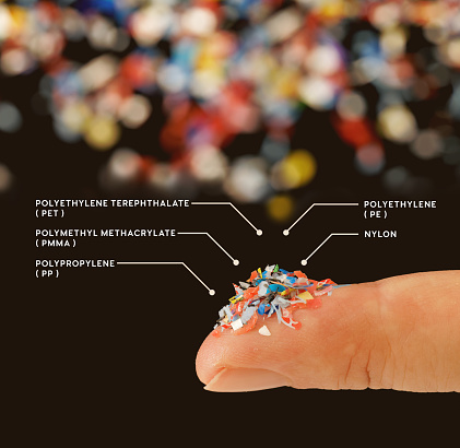 What micro plastic is made of - Chemical ingredients.
Close up of microplastic on finger concept of water pollution and global warming