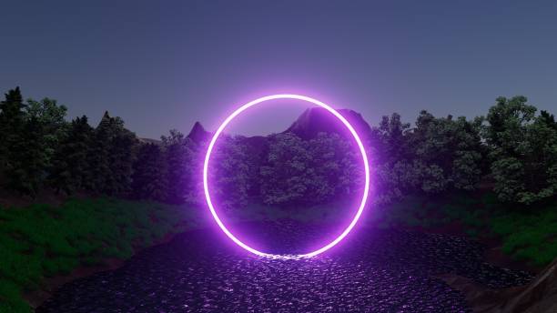 istock 3d illustration A purple glowing circle is in the middle of a forest 2112200547