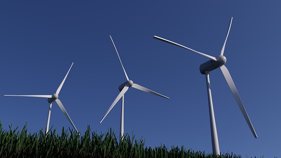 3d illustration Three wind turbines are standing in a field with a clear blue sky above them.