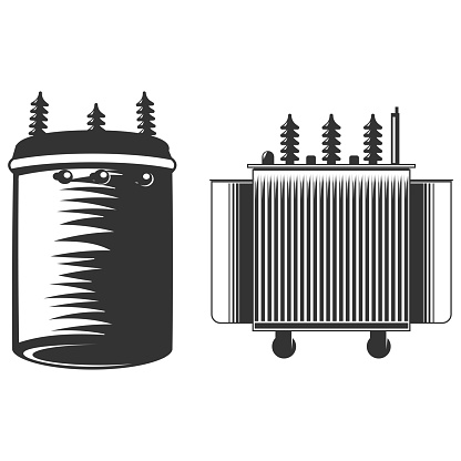 High Voltage Electric Transformer, Box Square and Cylinder Shape. Vector Illustration