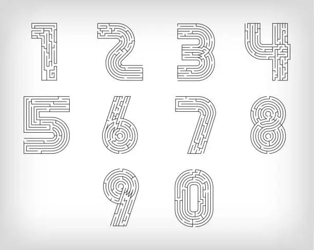 Vector illustration of Unique linear number set maze puzzle.