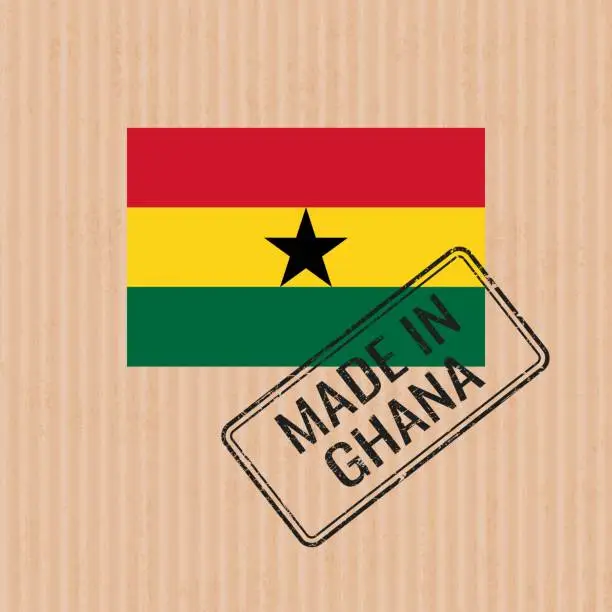 Vector illustration of Made in Ghana badge vector. Sticker with Ghanaian national flag. Ink stamp isolated on paper background.