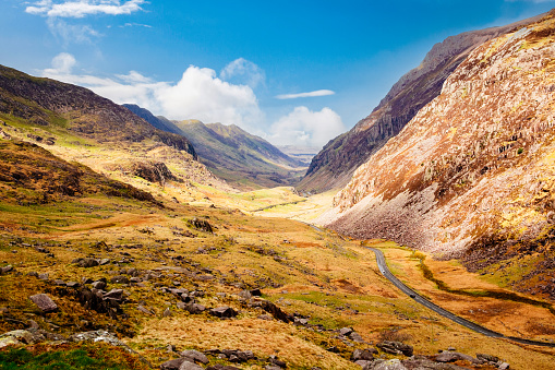 Looking along the valley from Pen-Y-Pass towards Llanberis in North Wales, United Kingdom.