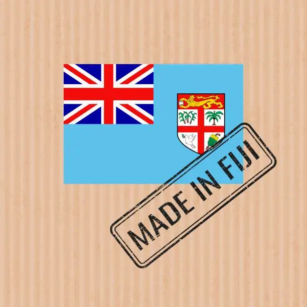 Vector illustration of Made in Fiji badge vector. Sticker with Fijian national flag. Ink stamp isolated on paper background.