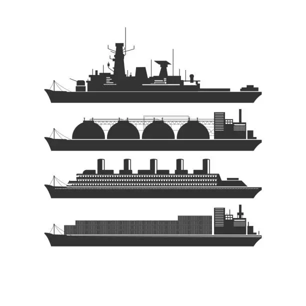Vector illustration of Set of Ship , Warship,Tanker, Cargo Ship and Yacht. Isolated Ship on White Background