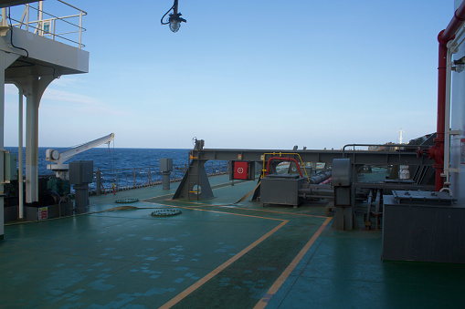 View of the vessel hardening on board a merchant ship using razor wire to stop pirates from boarding the ship. These ship protection measures are employed when the ship passes through high risk areas.