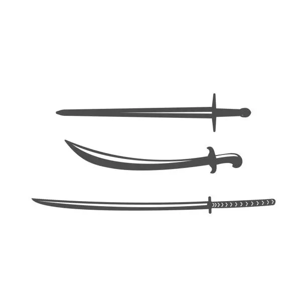 Vector illustration of Set of Blade,Europe Viking Longsword,Arabian Scimitar and Japanese Samurai