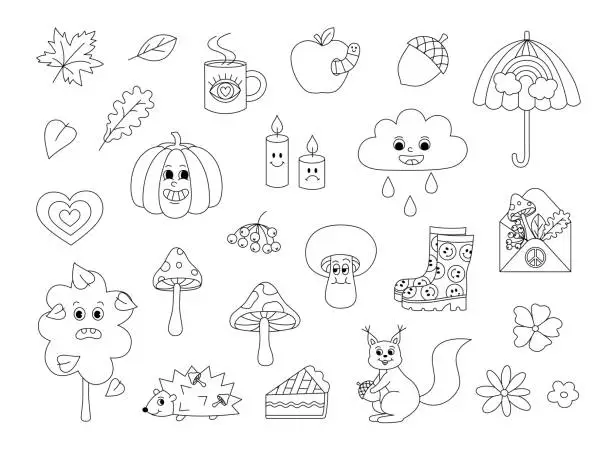 Vector illustration of Retro 70s groovy fall autumn elements coloring page. Funky hippie outline set with cartoon pumpkin, leaves, mushrooms, tree, umbrella, rubber boots etc. Coloring book for print