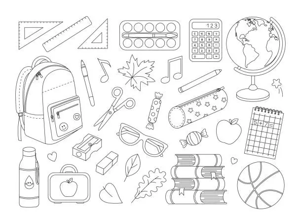 Vector illustration of School supplies coloring page. Backpack, globe, books, notebook, calculator, pen, pencil, paints, rulers, scissors etc. Stationery for study outline set. Coloring book for print