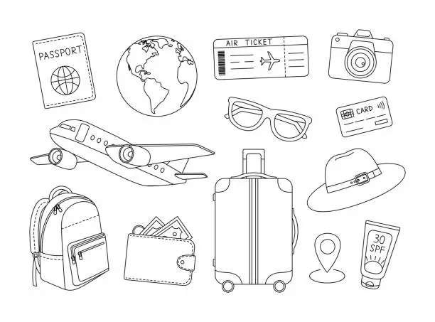 Vector illustration of Travel set coloring page. Outline set with passport, globe, air ticket, camera, plane, sunglasses, credit card, backpack, wallet, suitcase. Adventure, tourism, vacation, trip. Coloring book for print