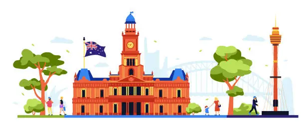 Vector illustration of Sydney Town Hall - modern colored vector illustration