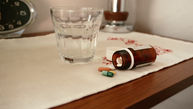 Alarm clock, glass of water and drugs on a bedside table