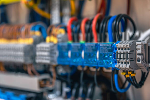 istock Electrical panel with fuses and contactors, close-up. 2112258382