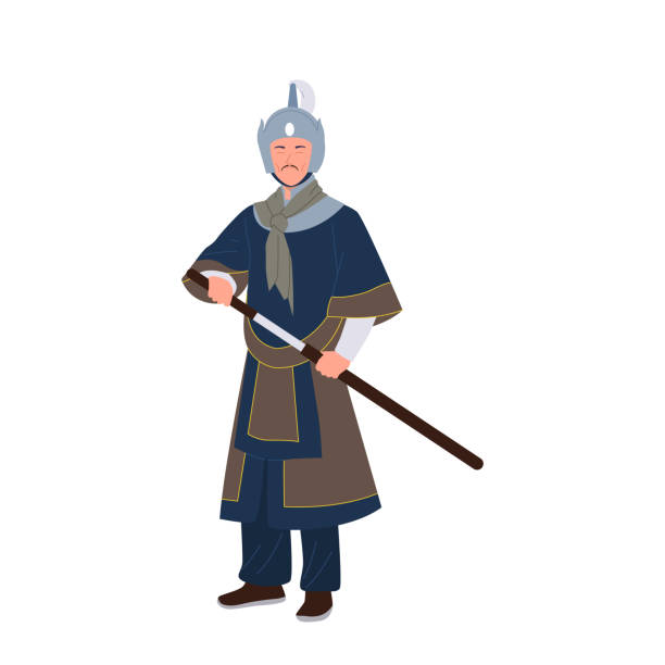 Ancient Chinese warrior military man of emperor terracotta army isolated on white. Strong legendary knight figure wearing steel armor vintage costume holding sword in sheath vector illustration