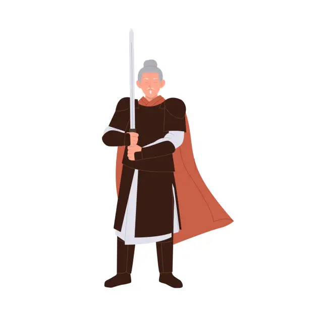 Vector illustration of Brave mature senior grey-haired Chinese man warrior holding sword isolated on white background