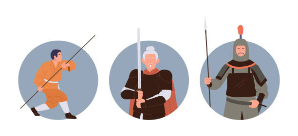 Isolated round composition set with ancient chinese warrior military man and shaolin monk characters Isolated round composition set with ancient chinese warrior military man and shaolin monk cartoon characters. Historical swordsman, legendary fighter in national China army costume vector illustration cartoon of the famous chinese warriors stock illustrations