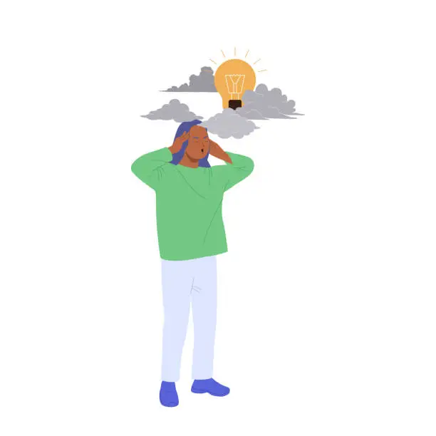 Vector illustration of Frustrated woman cartoon character having problem with idea, light bulb hidden behind clouds