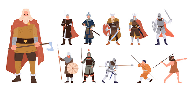 Ancient historic military man soldier from different age and history period vector illustration. Prehistoric fighter, antique crusader, barbarian, chinese warrior, medieval knight, Shaolin monk