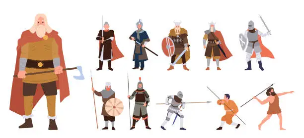 Vector illustration of Ancient historic warrior military man soldier from different age history period vector illustration