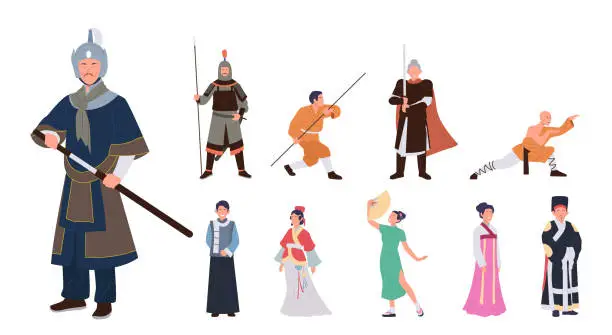 Vector illustration of Chinese people cartoon character wearing traditional clothing and cultural accessories big set