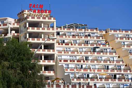 Morro Jable, Fuerteventura, Spain, February 11, 2024 - The Aparthotel Palm Garden in Morro Jable, Fuerteventura.