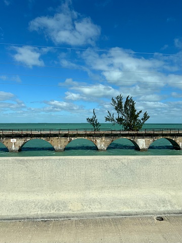 A view of the old highway from the new Overseas Highway, running from the mainland to Key West. In the front of the picture is a concrete guardrail, in the back the old road, with a tree growing on it.