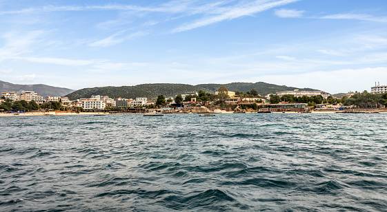Seaside town of Ksamil on the Albanian Riviera, from the water