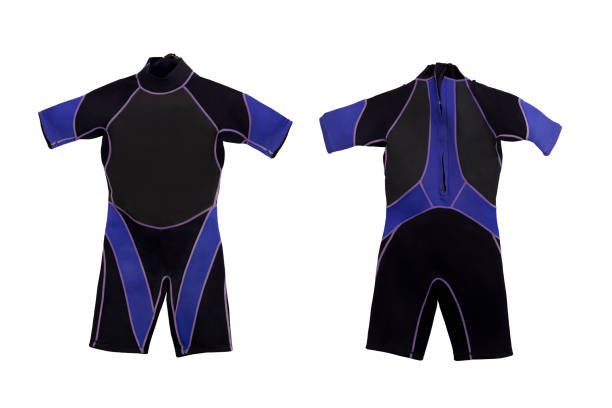 istock Black short diving plastic wet suit for underwater swimming isolated on white background 2112305135