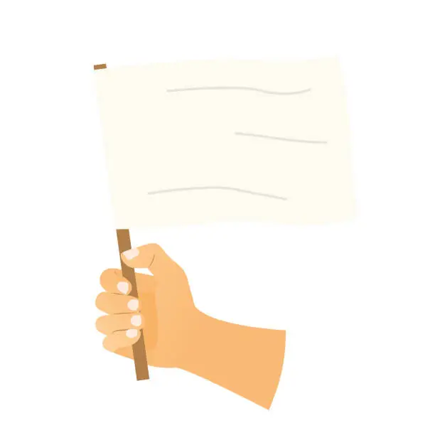 Vector illustration of hand holding a white flag typically symbolizes surrender, peace or truce in various contexts, such as warfare or negotiations