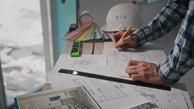 A man sitting at a table, drawing a blueprint with a pencil
