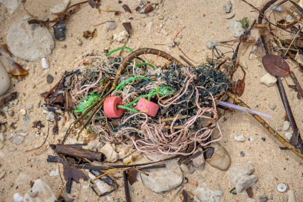 Remains of fishing nets and ropes washed a shore on a beach outside the city of Sabang which in the main city on the island Weh north of Sumatra