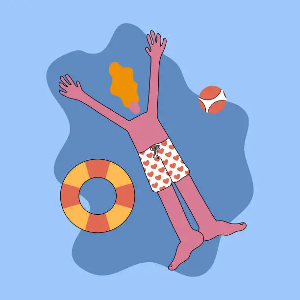 Vector illustration of A man relaxing in a pool, floating on his back with a pool float and ball beside him.