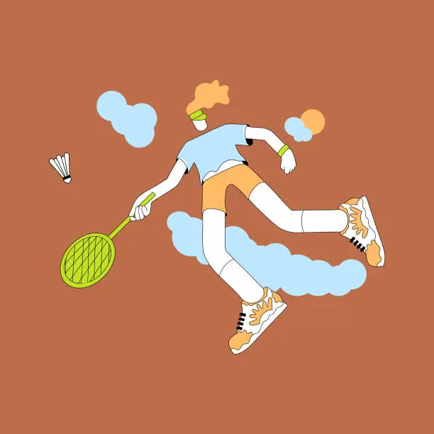 Vector illustration of A person playing badminton in the sky on orange background.