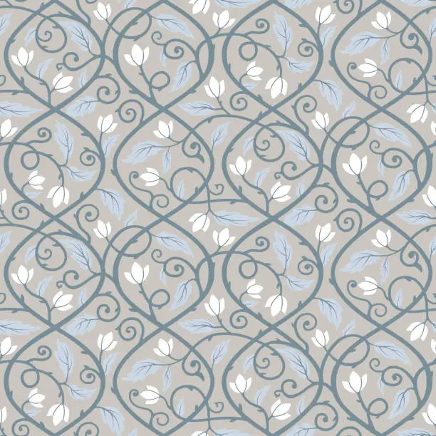 Vector illustration of Floral seamless pattern vector illustration. Silver gray botanical design with swirls, vines, flowers and leaves