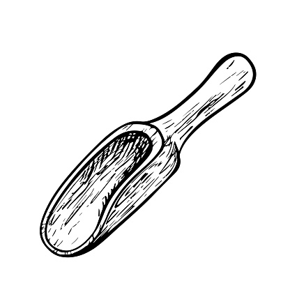 Wooden scoop for cereals and dry products. Vector black and white illustration on a white isolated background. For printing, menus, postcards and packages. For banners, flyers and posters