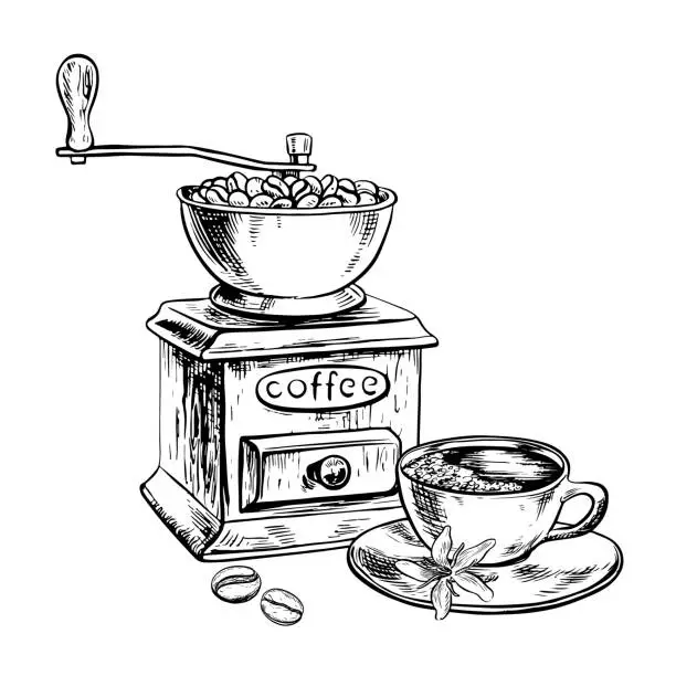 Vector illustration of A coffee grinder grinds coffee beans. Vector black and white illustration illustration on a white isolated background. For printing, menus, postcards and packages. For banners, flyers and posters.