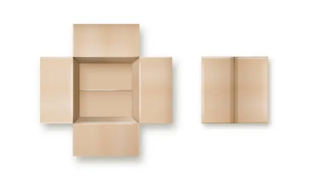 Vector illustration of Box. Empty open and closed cardboard box. Realistic cardboard box mockup set from side, front and top view open and closed isolated on white background. Parcel packaging template. Vector